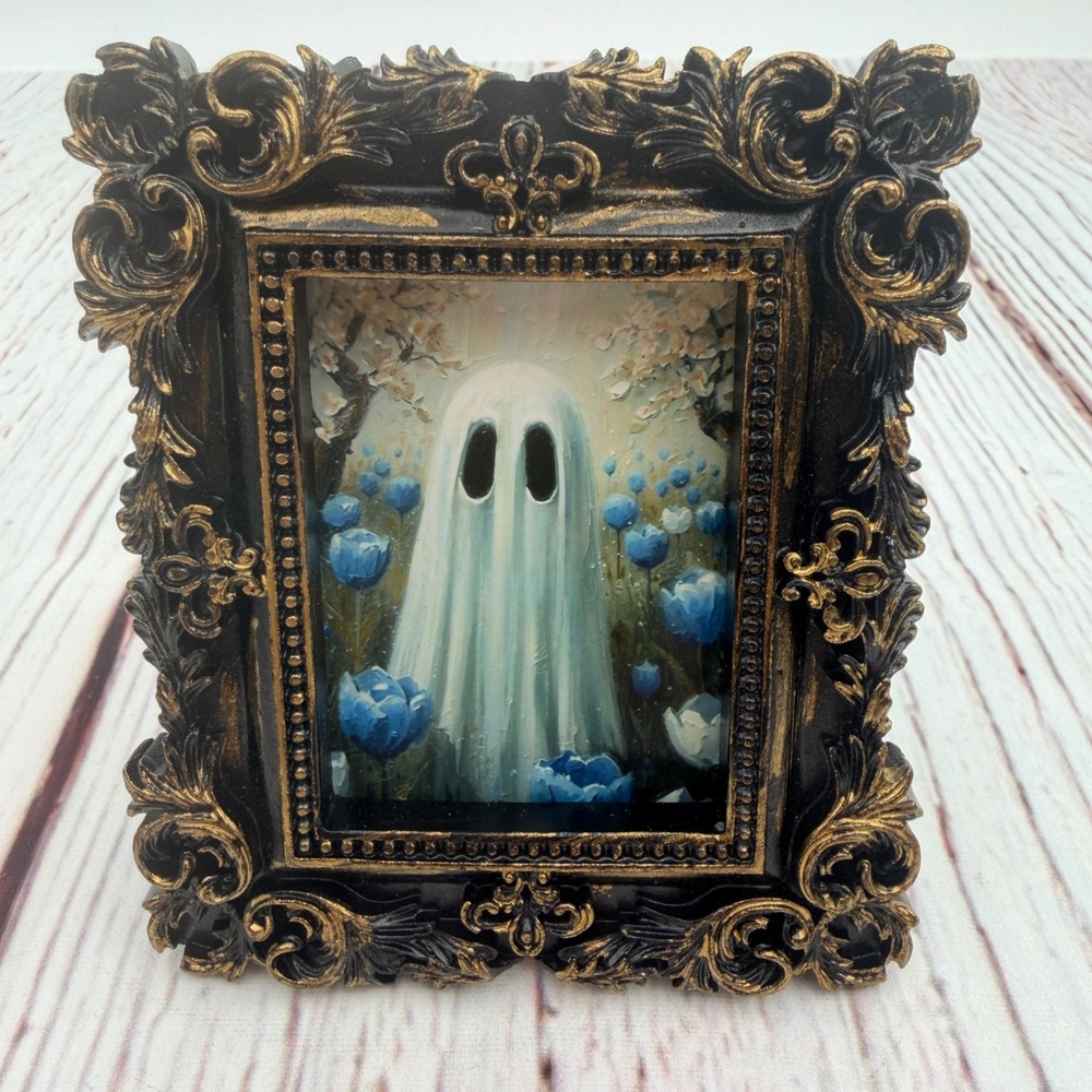 Ghost in Blue Tulips Original Art Print in Ornate Black Gold Baroque Frame 4x3"